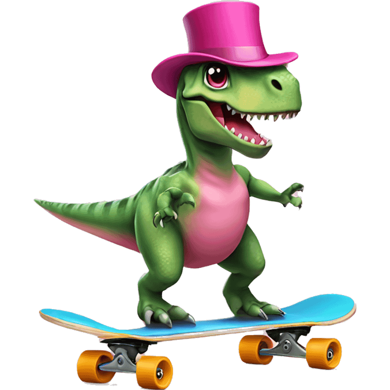 Dinosaur on skateboard with pink top hat emoji