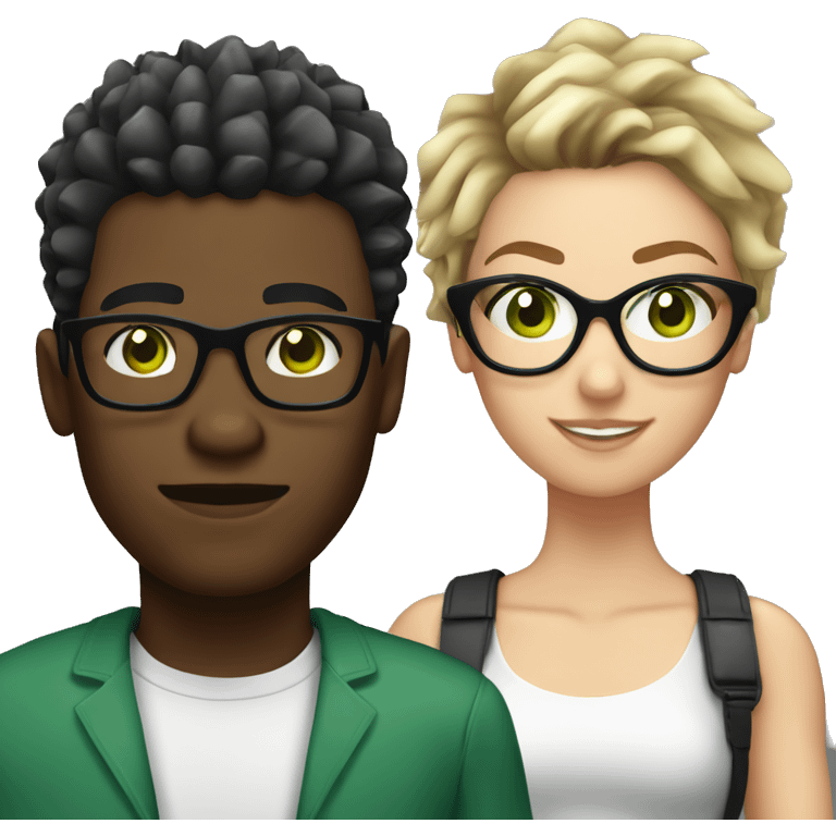 black male with spikey hair and glasses and white female with brown wavy hair , green eyes and glasses emoji