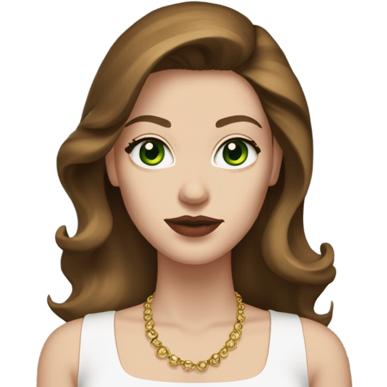 woman, with chestnut brown hair, her hair are a 90s blowout, she has very green eyes and a white pale skin, she has dark pink lipstick on and long lashes, she wears a white top with gold earrings  emoji