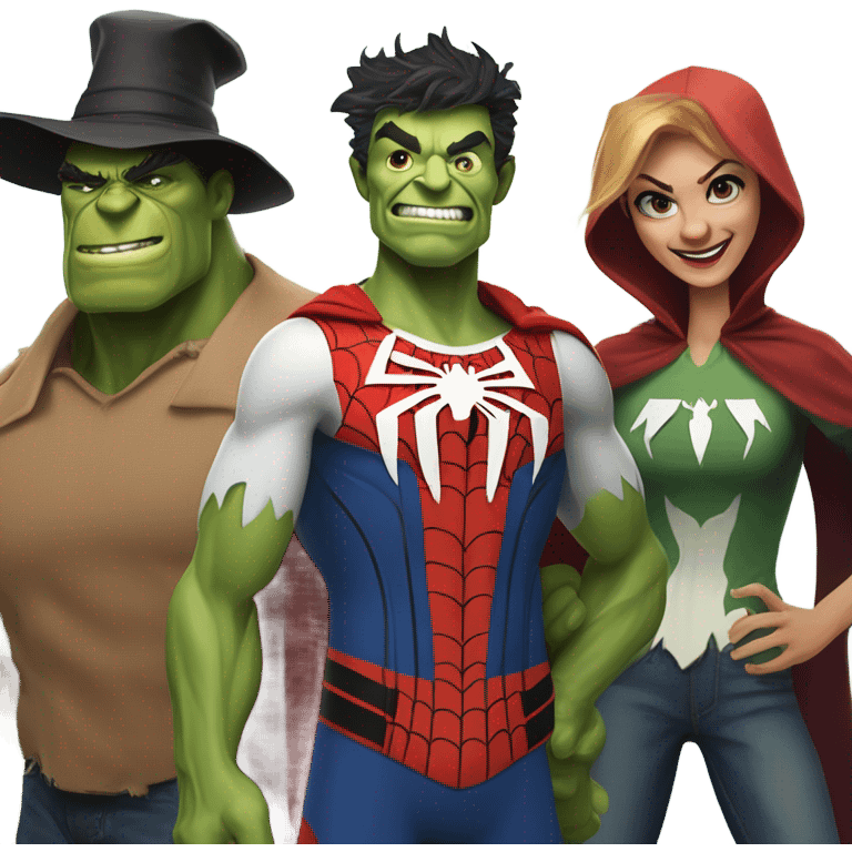 Spider-Man, the Hulk scarecrow and the wicked witch together as a family emoji