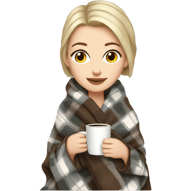 white girl short hair wrapped in cozy plaid blanket with coffee emoji