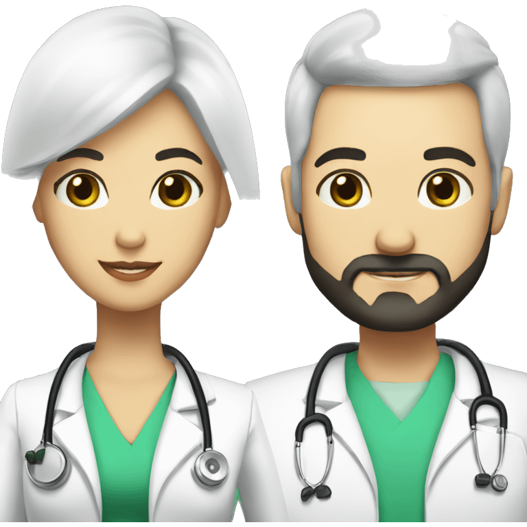 two doctors male and female. male with bald head and black beard with a crown. Female with green eyes long black hair and a crown  emoji