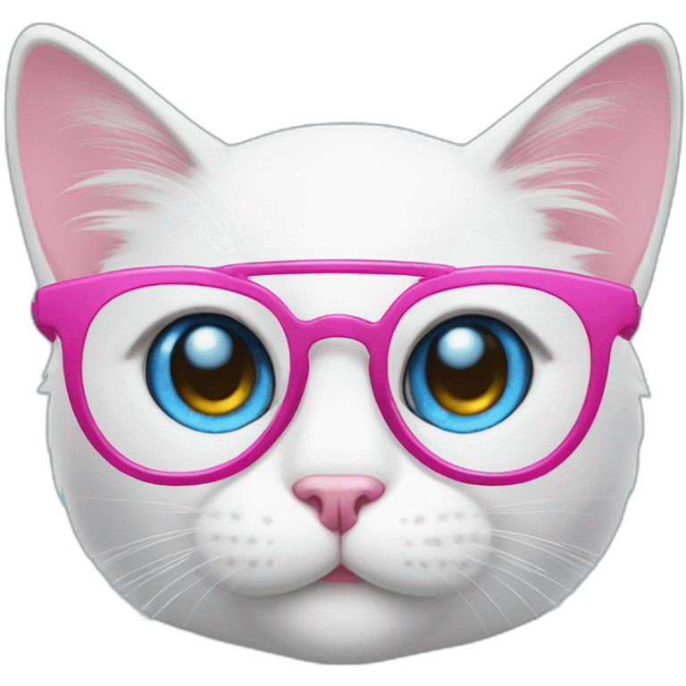 White cat with blue eyes, pink glasses and smile emoji