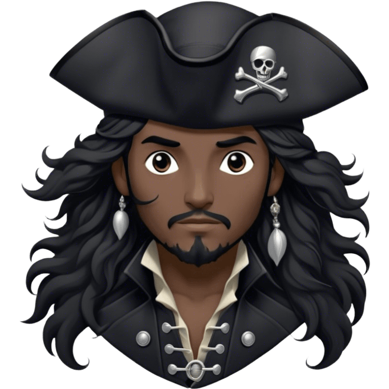 A charismatic pirate with wavy black hair tousled by the breeze. His silver-embroidered tricorn hat casts a shadow. Dark eyes glint with mischief as he looks to the side. His black coat, adorned with silver buttons, shifts with the wind emoji