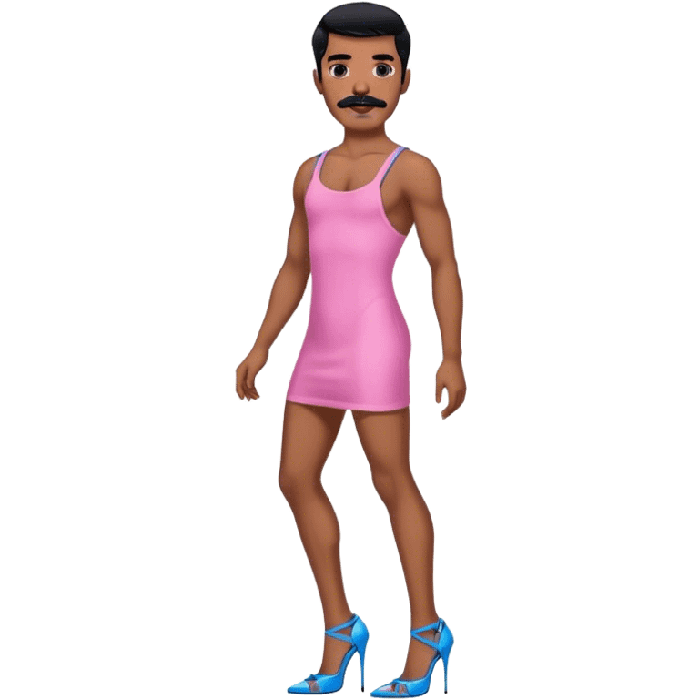 Man in a pink mini dress and blue strappy high heels with black hair and black mustache and brown skin emoji