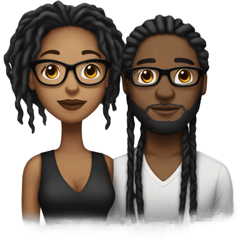 black couple with locs, male lightskin with long black locs, female brown skin with glasses and BLACK locs tied up kissing full body emoji