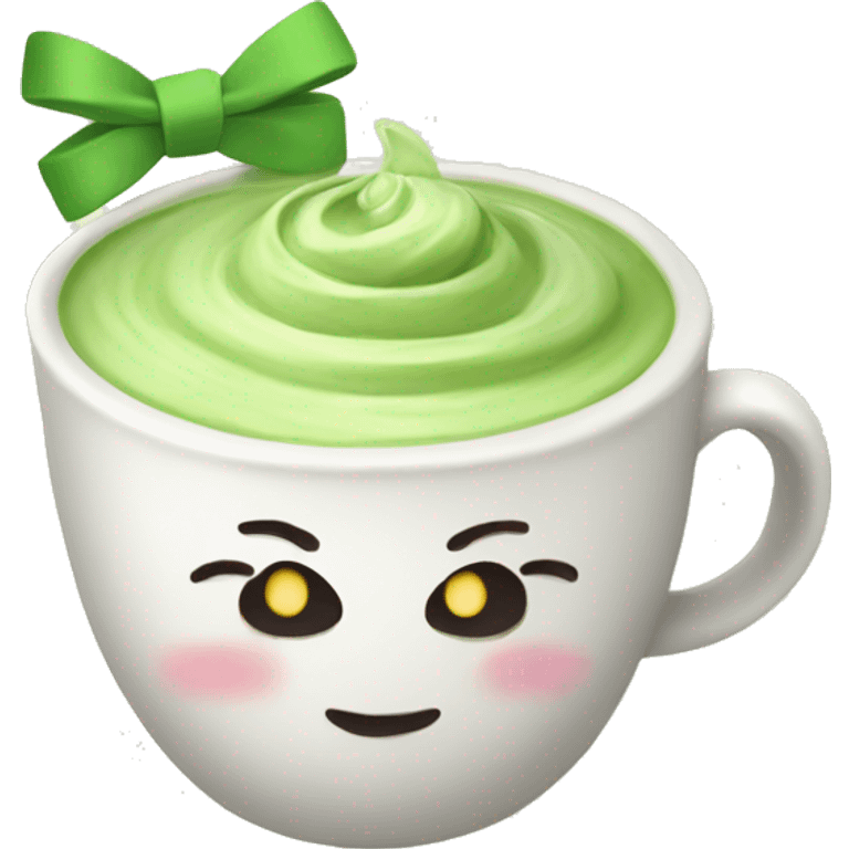 matcha latte in a cup with bows around it emoji