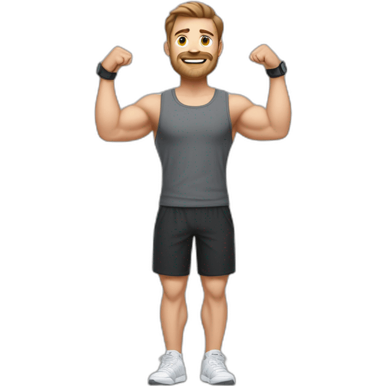 Full height realistic Actively gesturing with hands Pale skinned Fit Man With the biceps and brown hair in dark gray Sleeveless Mike, black oversize sports shorts, watch and white Sneakers emoji