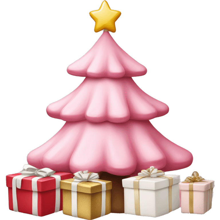 pink christmas tree with white and cream colored presents underneath emoji