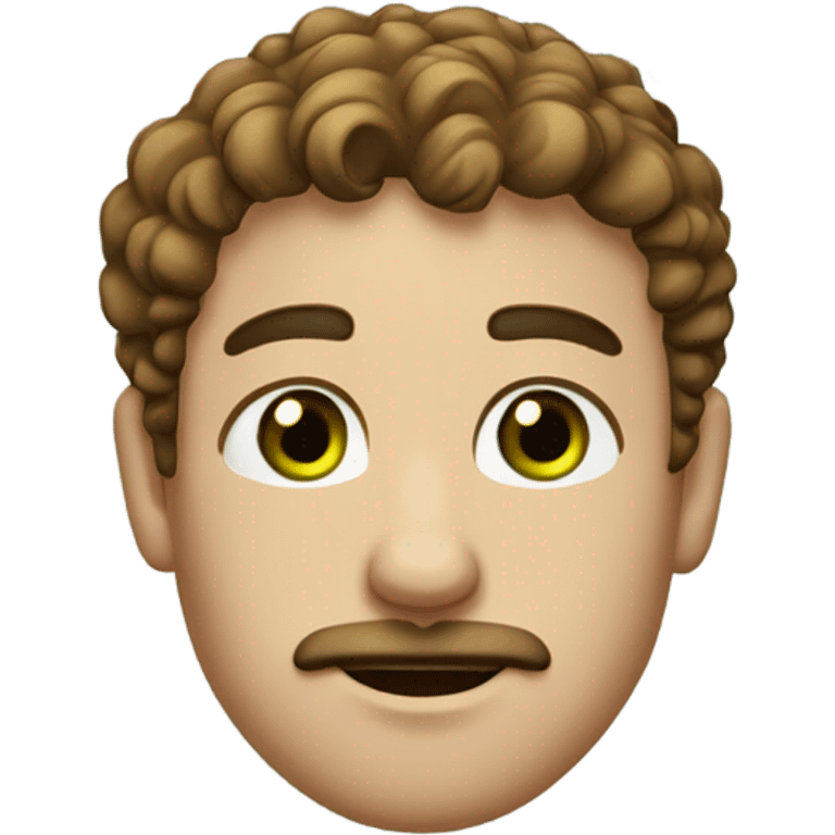 male with short brown curly hair. small green eyes, thick eyebrows, mustache, freckles, large nose and gold earring in left ear emoji