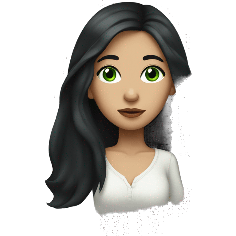 Girl with long black hair, big green eyes thin nose and thin lips  emoji