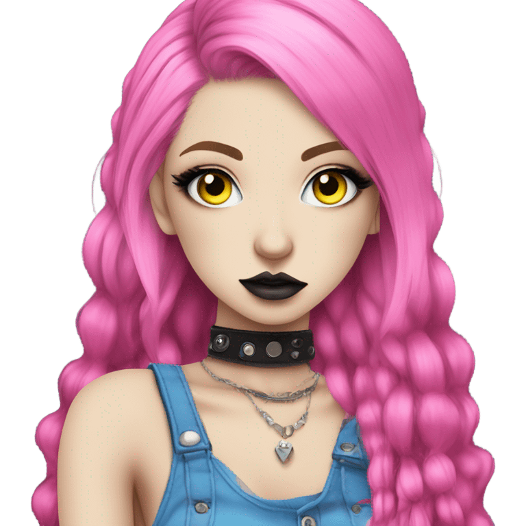 Blue eyed pale hime gyaru girl, hot pink and yellow split-dyed hair, dark makeup, punk clothes emoji