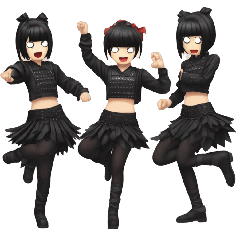 "Su-metal", "Moametal", and "Momometal" from the band Babymetal doing their dance move on stage emoji