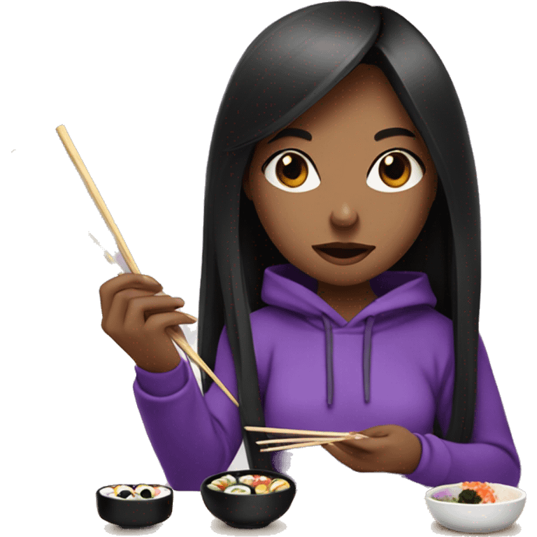 Long black hair girl with black eyes purple hoodie eating sushi with chopsticks  emoji