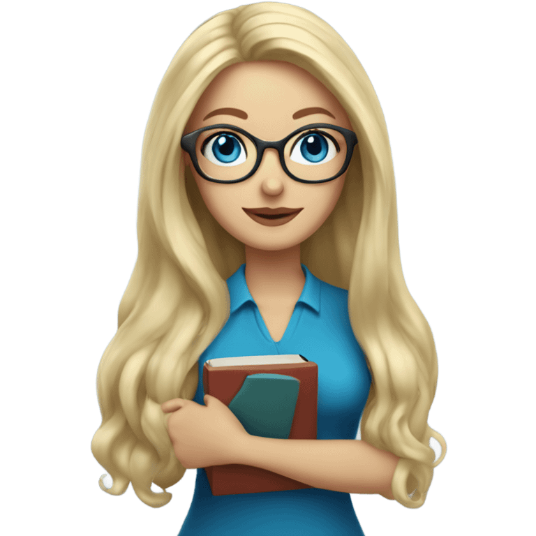 Woman teacher blonde long flowing hair glasses blue eyes with book emoji