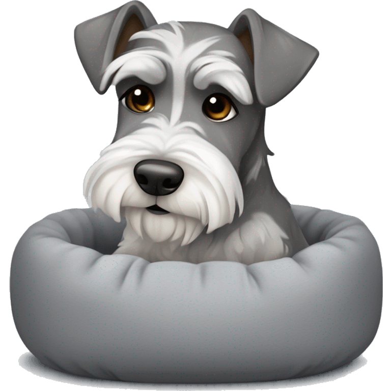 Grey and white mini schnauzer with dark brown eyes full body asleep in fluffy grey dog bed      emoji