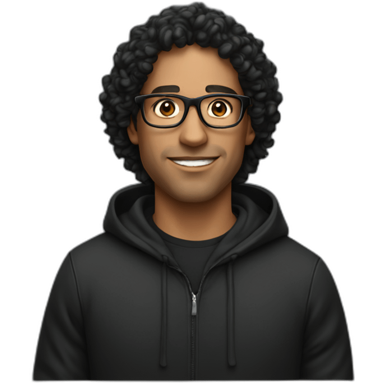 Latin man with glasses, curly hair, wearing a black hoodie emoji