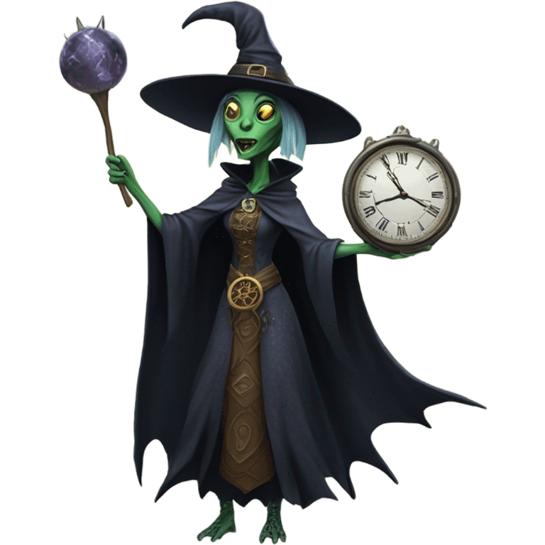 a Reptilian alien woman, as witch, holding holding a big clock, full body emoji