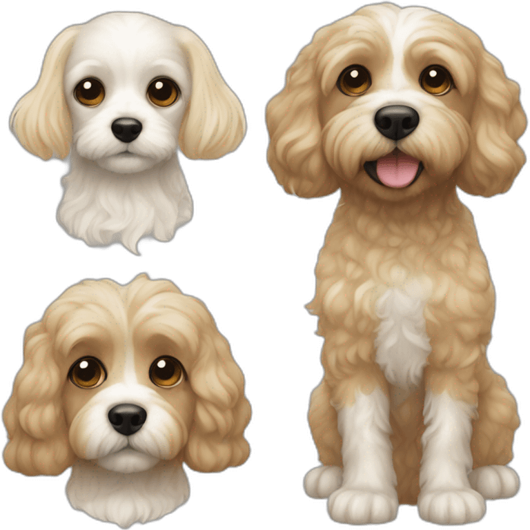 White Cavapoo, a blonde girl, a bearded dark haired guy emoji