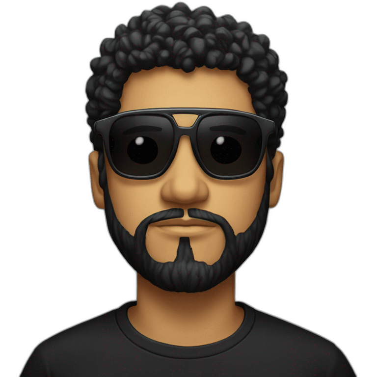 men in black t-shirt with black curly hair and beard and golden glasses work hard on computer emoji