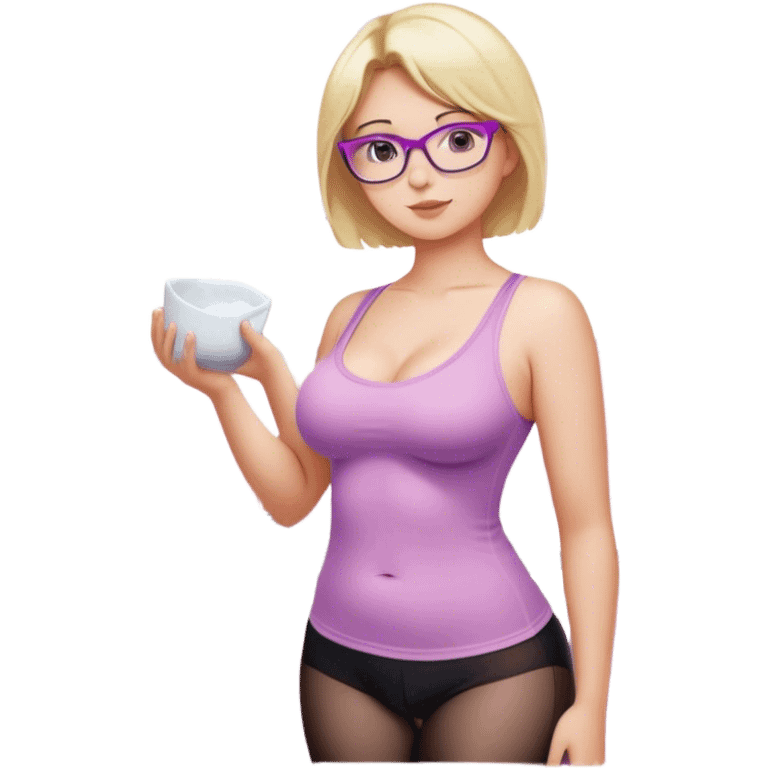 Seductive, Curvy fair skinned woman, short blond hair, small light purple reading glasses, washing dishes, SFW sheer pink tank top, without undergarments showing natural breast shape SFW, black yoga pants, thick booty emoji