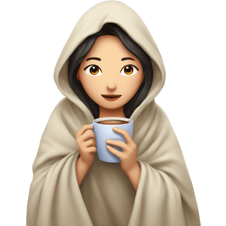 girl inside a blanket sipping coffee eyes closed asian emoji