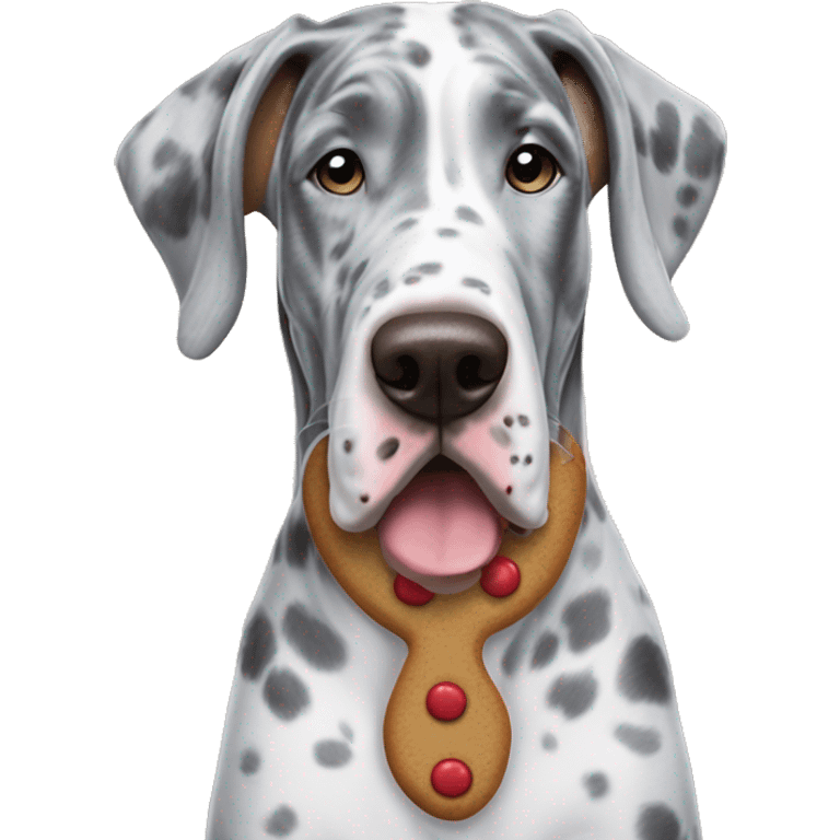 Blue Merle Great Dane dressed as gingerbread man emoji