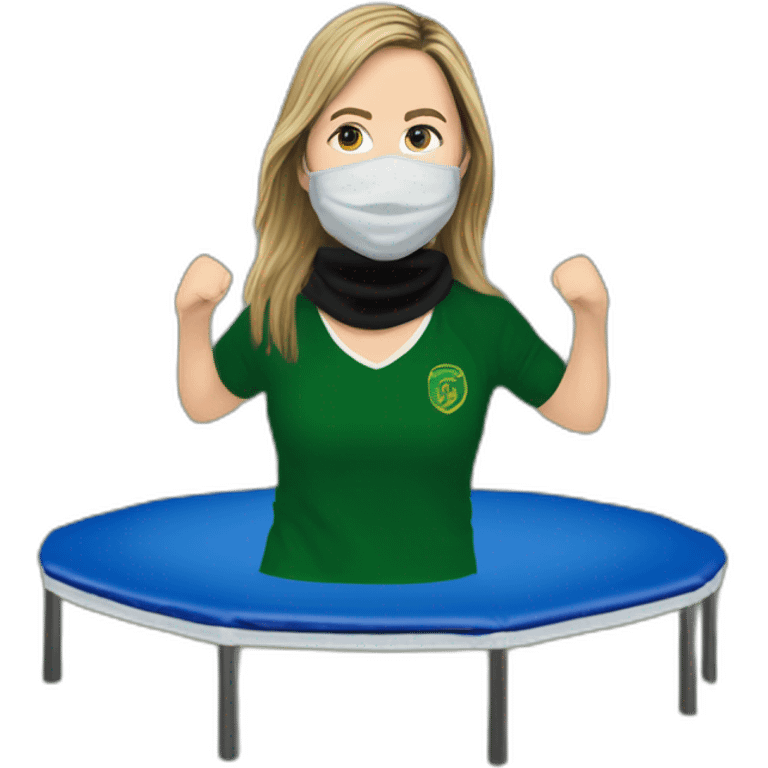 Victoria Coren-Mitchell on a trampoline with the Real IRA Gerry Adams balaclava party emoji