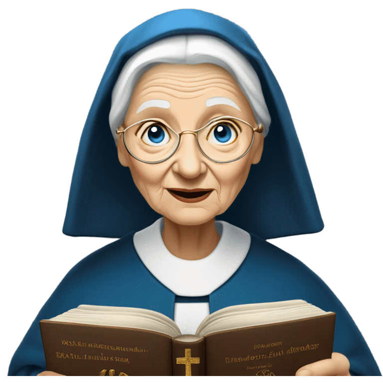 Really old woman who is white and has bright saphire blue eye colour and has some wrinkles on her face and her neck and she has golden blonde wringlets  lots and lots of them and she is a nun reading the holy Bible scriptures to herself  emoji