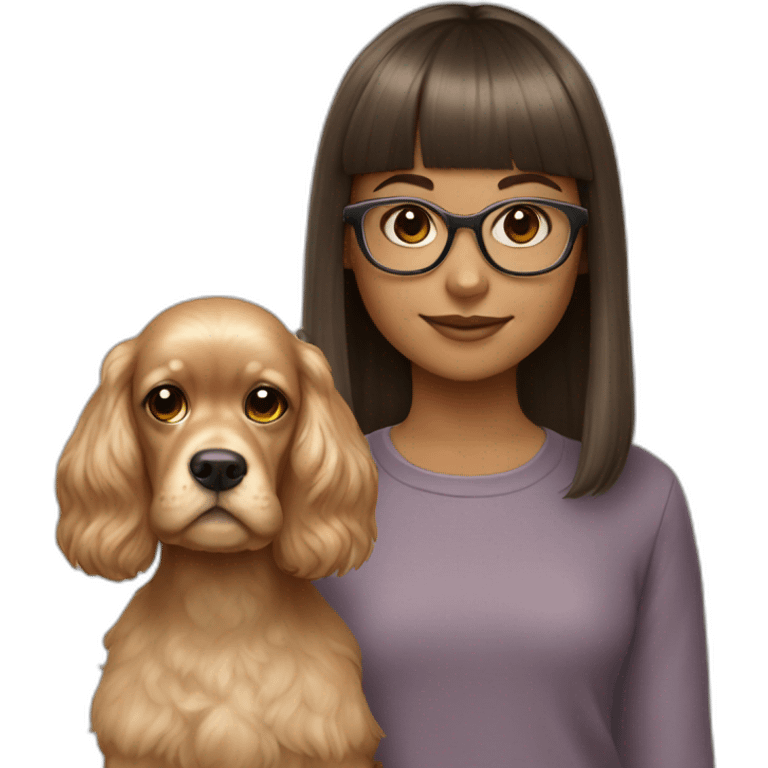 young girl with bangs and glasses with her beige cocker spaniel emoji