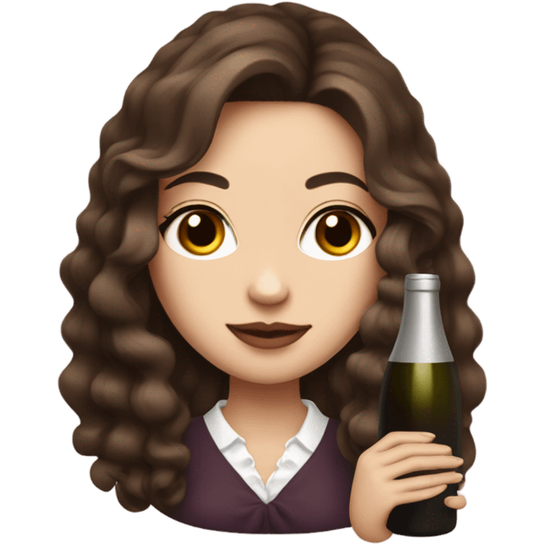 rich girl with white skin, long brown hair, dark eyes, with makeup, with wine emoji