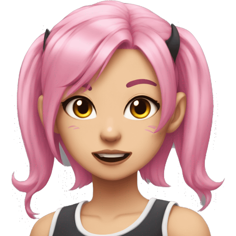 anime cat girl in sportswear, a tank top, pink hair and fangs like a vampire, but small emoji