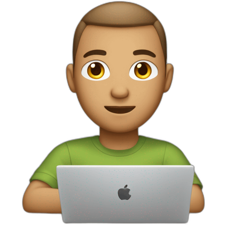 software engineer (white male, brown buzz cut hair, white gold earrings) in front of laptop, apple-style emoji