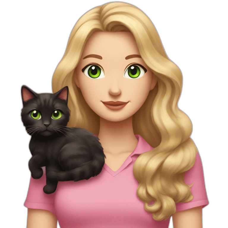 woman with green eyes and long wavy blonde hair in a pink shirt is holding a very fluffy and fat black and tortoiseshell cat emoji