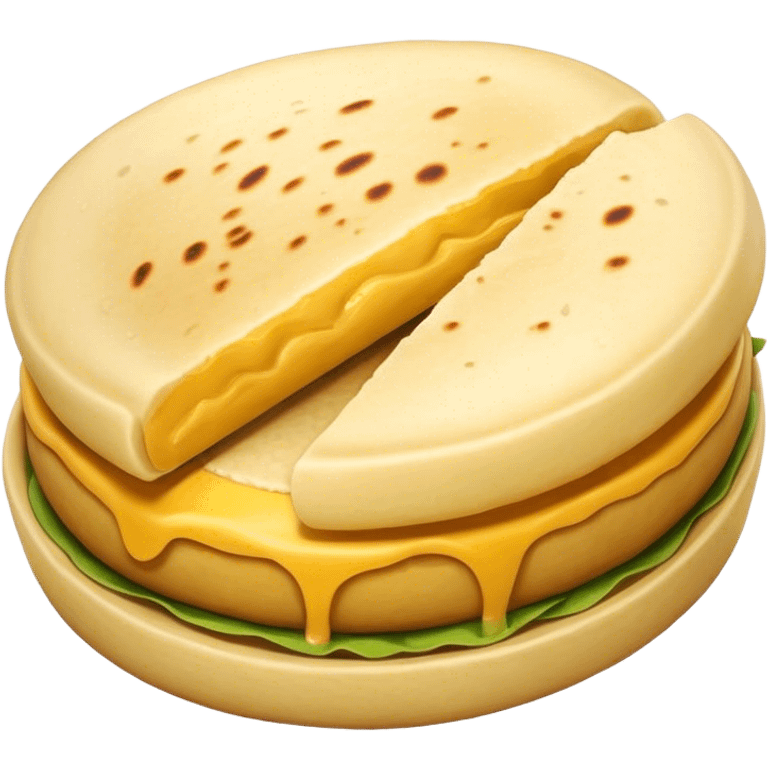 Colombian Arepa Cinematic Realistic Colombian Arepa Dish Emoji, depicted as a single, golden arepa with a crisp exterior and soft interior, rendered with lifelike textures and warm, inviting lighting. emoji