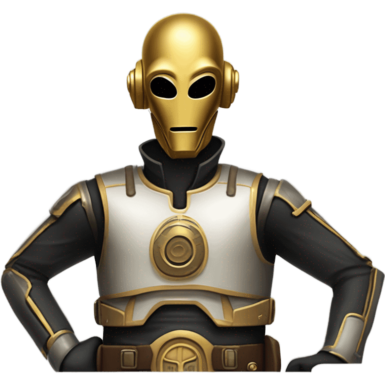 battle rough and tough bounty hunter c3Po wearing Satan’s leather outfit with guns and flat-brimmed hat on head. walking happy emoji