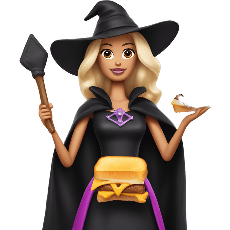 Barbie as a witch with a grilled cheese sandwich in one hand and a scepter in the other emoji