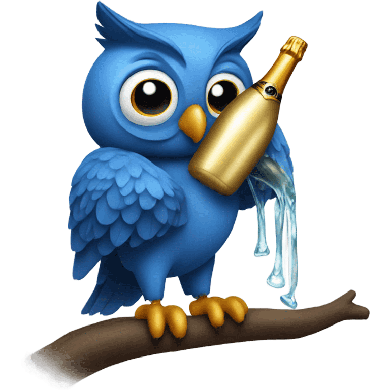 Blue owl holding a popped bottle of champagne  emoji