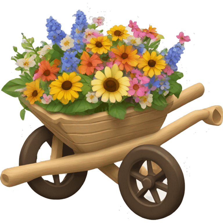 wooden wheelbarrow filled with flowers. emoji