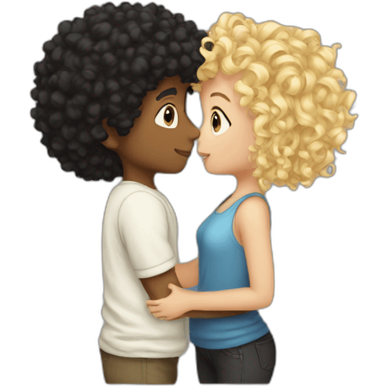 Boy curly blonde hair kissing girl black hair emoji