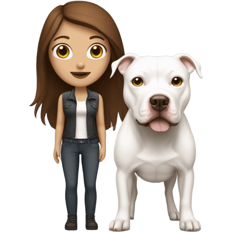 white woman with straight long brown hair standing alongside a white pitbull emoji