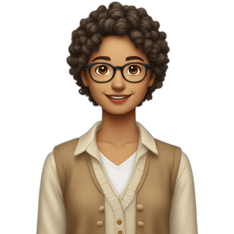 smiling indian teenage girl with curly hair and glasses wearing a collared long sleeve white shirt under a beige v shaped collar sweatervest with no buttons emoji