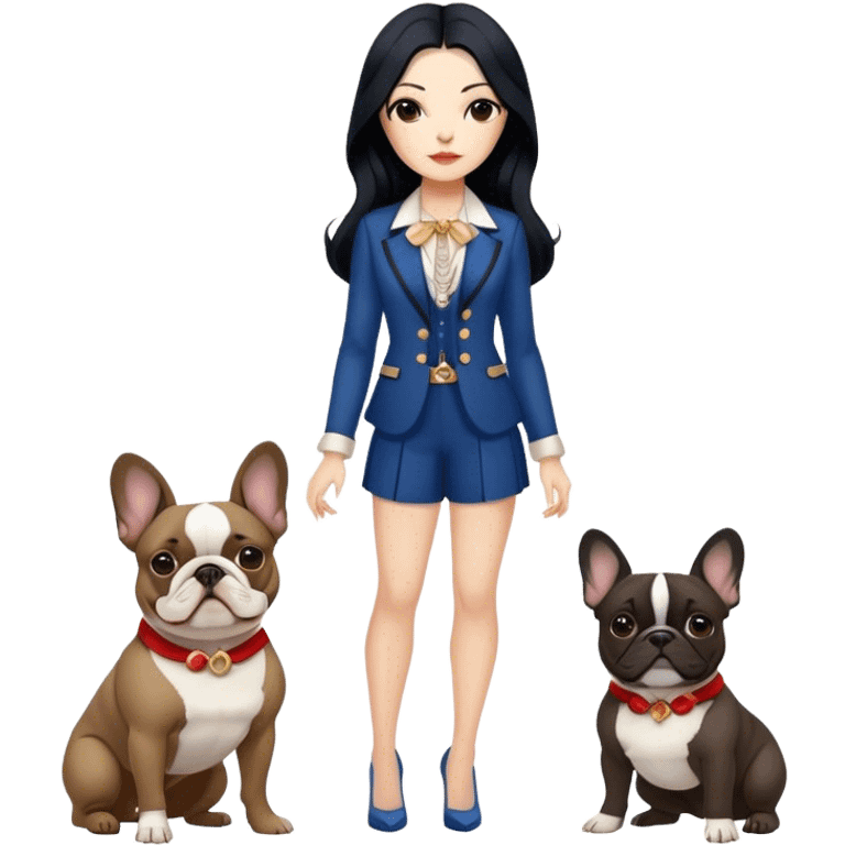 latin woman in fancy clothes with long black hair standing alongside two French bulldogs  emoji