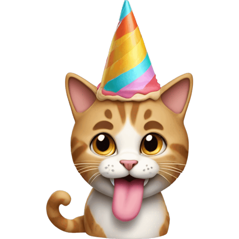 Cat wearing a birthday cone hat and licking an ice cream cone emoji