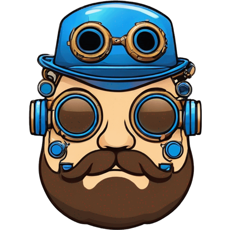 Fat cyborg head with blue steampunk goggles, brown beard and circuits emoji