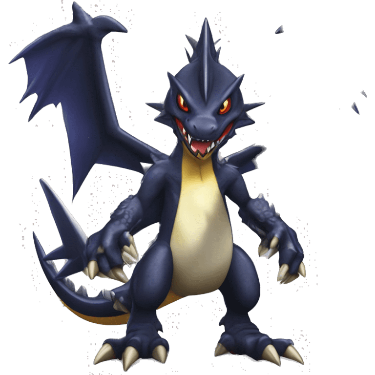 Black, Modern, Cool, Edgy, Badass Punk-style Garchomp-Nargacuga-Sergal Fakémon-Digimon with sharp edgy striking detailed stripe-markings,  full body emoji