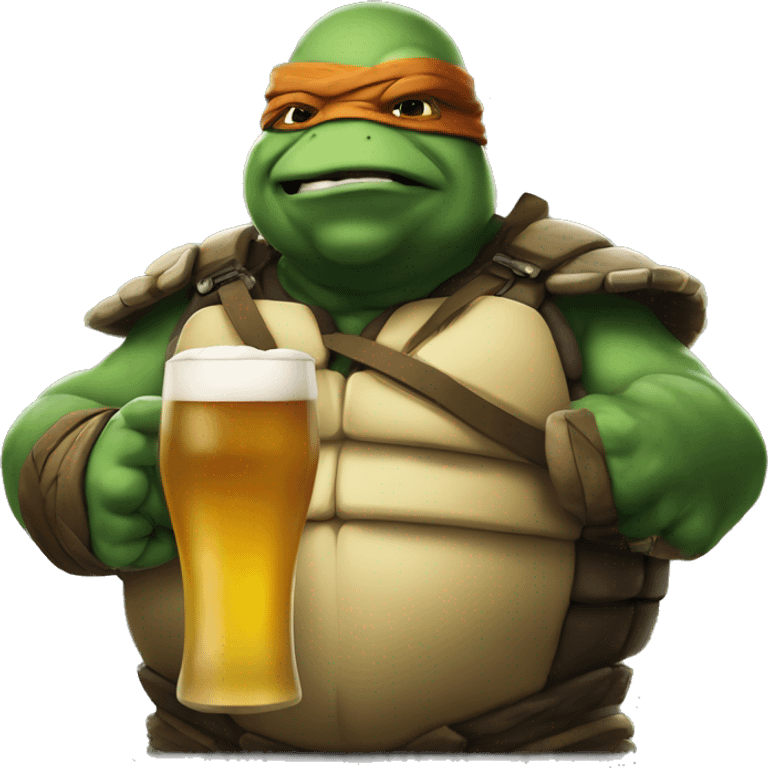 Michelangelo the fat ninja turtle drinking beer with grumpy face emoji