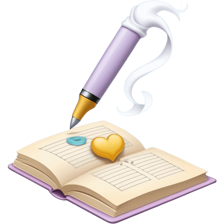 Create a whimsical and poetic emoji symbolizing poetry. The design should have several elegant pages floating smoothly in the air with short poetic columns written on them. Add a white pen resting gracefully on the pages and an inkwell. The overall color palette should include soft pastel tones, which will add airiness and dreaminess to the design. Make the background transparent emoji