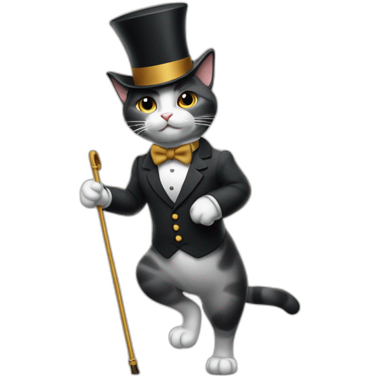 a cat in a top hat and with a bow tie around his neck walks on his hind legs leaning on an expensive cane emoji