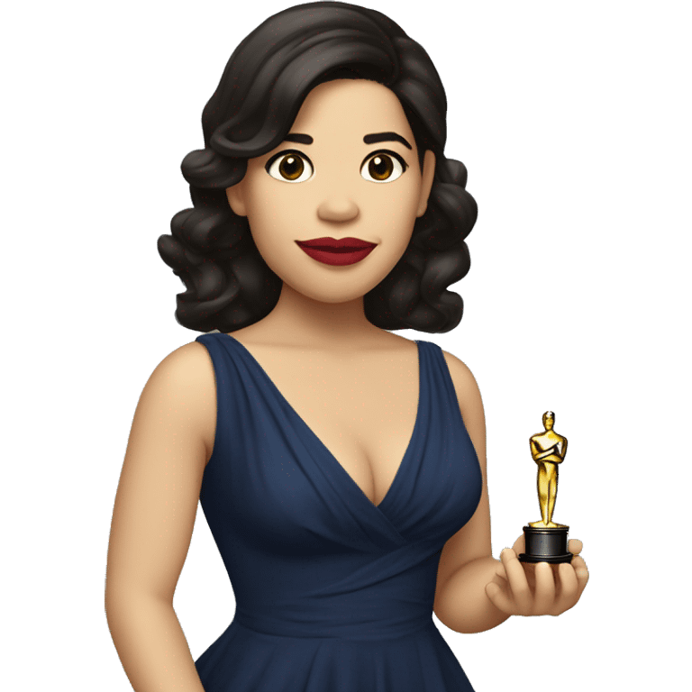 America Ferrera wearing a dress, holding an Oscar emoji